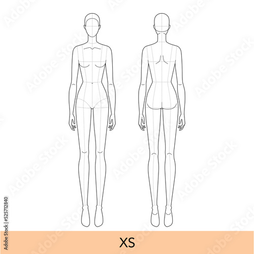 XS size Women Fashion template 9 nine head Croquis Lady model skinny body with main lines figure front, back view. Vector outline isolated girl for Fashion Design, Illustration, technical drawing