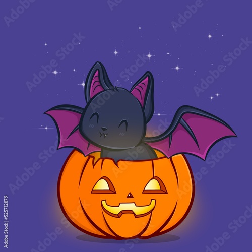 Creative concept holiday illustration halloween bat with pumpkin.