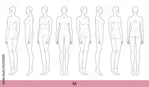 Set of M Size Women Fashion template 9 nine head Croquis Lady with main lines figure front, side, 3-4 back view. Vector isolated outline sketch girl for Fashion Design, Illustration, technical drawing