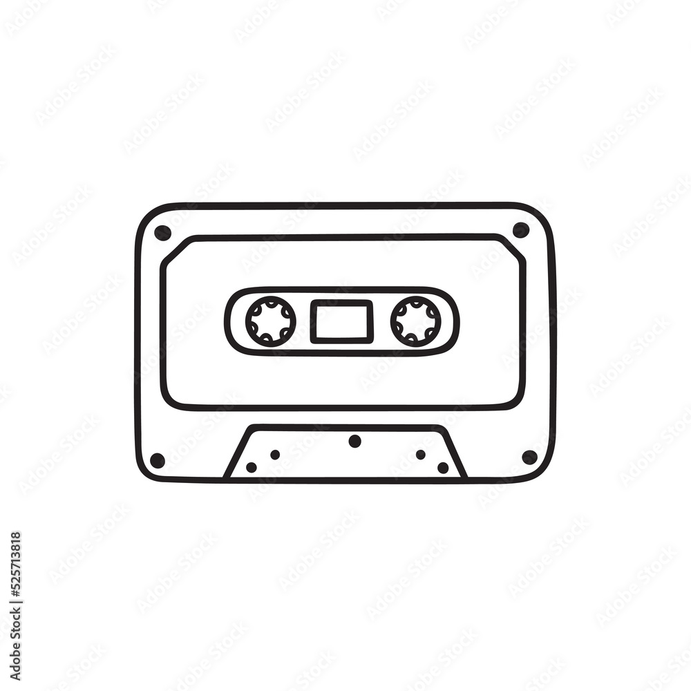 Hand drawn audio cassette doodle. Retro cassette tape in sketch style. Vector illustration isolated on white background