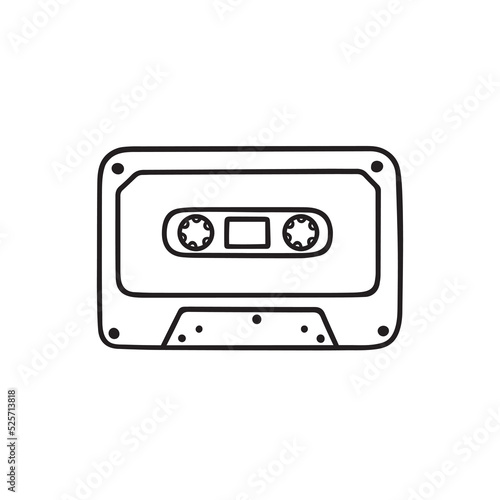 Hand drawn audio cassette doodle. Retro cassette tape in sketch style. Vector illustration isolated on white background
