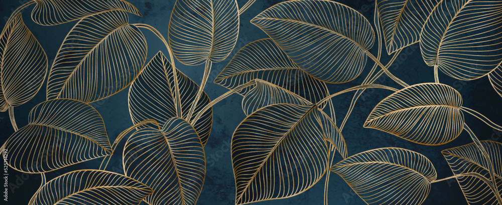 Abstract art background in blue colors with exotic leaves on tree branches in golden line style. Botanical banner for decoration design, print, interior design, wallpaper, packaging. - obrazy, fototapety, plakaty 