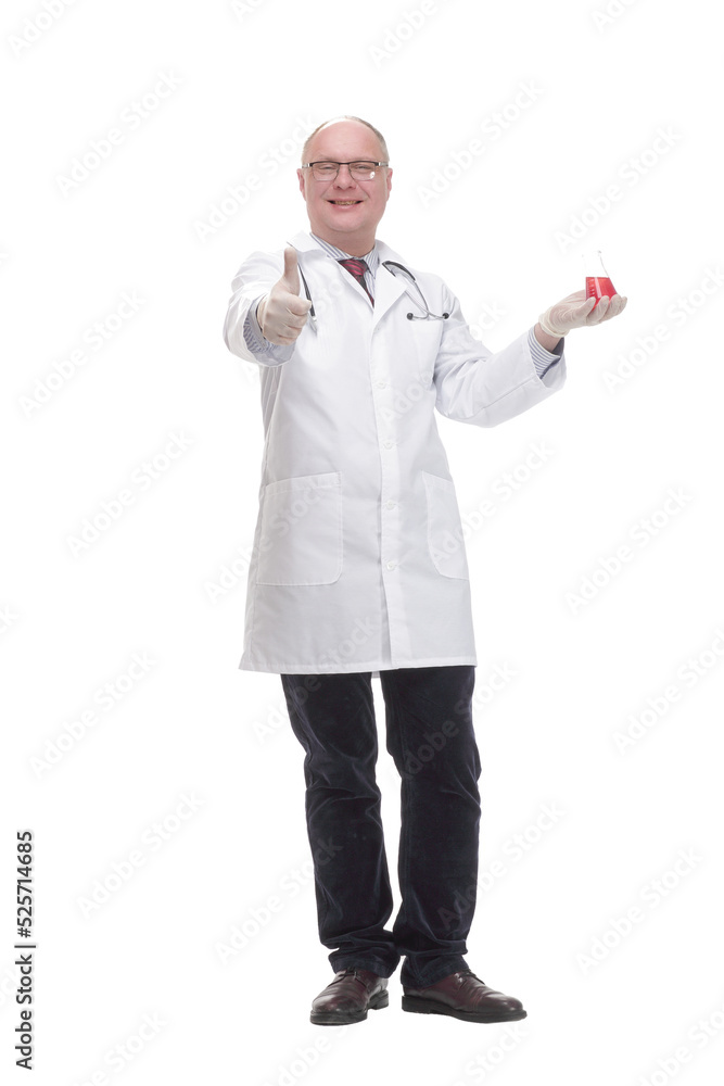 in full growth. qualified mature doctor with laboratory flask. in full growth. qualified mature doctor with laboratory flask.