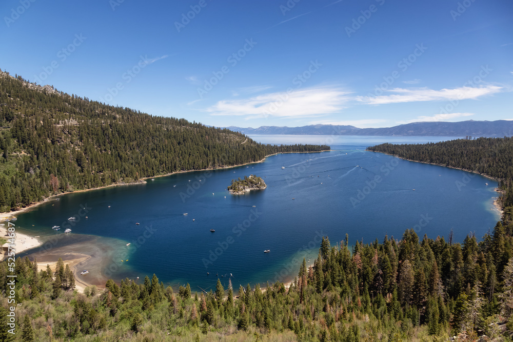 View of Large Bay and Lake with Boats, Small Island, Trees and Mountains. Summer Season. Emerald Bay, Lake Tahoe. California, United States. Nature Background.