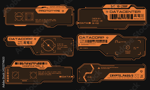Virtual reality HUD interface. Sci-fi futuristic hud dashboard display technology screen in concept Cyberpunk. User Interface Statistics, data infographic. Japanese hieroglyphs for danger, attention.