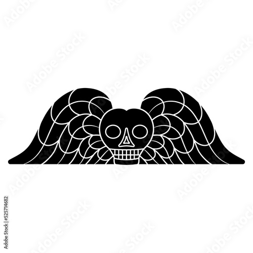 Winged skull. Medieval death symbol. Black and white negative silhouette.