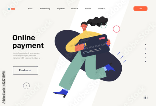 Online payment - Online shopping and electronic commerce web template - modern flat vector concept illustration of young woman holding credit card. Promotion, discounts, sale and online orders concept