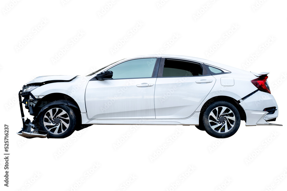 Side of white car get damaged by accident on the road. damaged cars after collision. Isolated on white background with clipping path