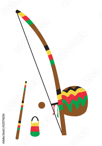 Berimbau colored. This is a single-string percussion instrument a musical bow used in the sport called capoeira. Vector illustration isolated on white background.