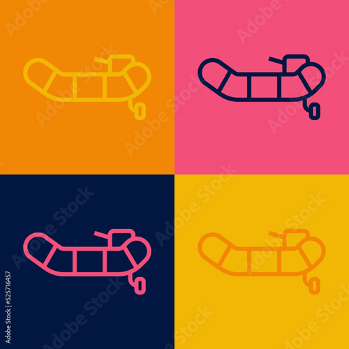 Pop art line Inflatable boat with outboard motor icon isolated on color background. Vector