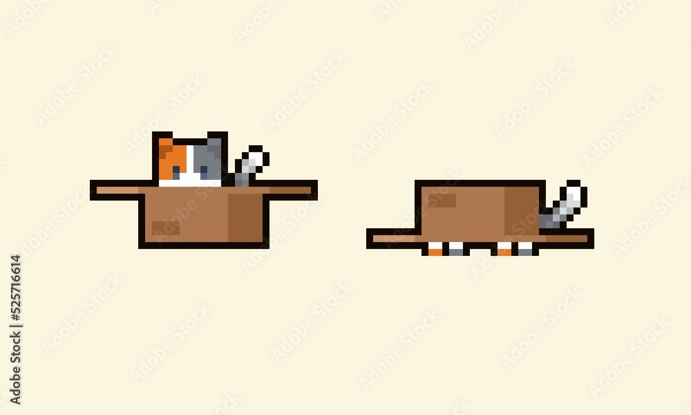 Pixel art cat in the box cartoon with yellow background. Cute orange ...