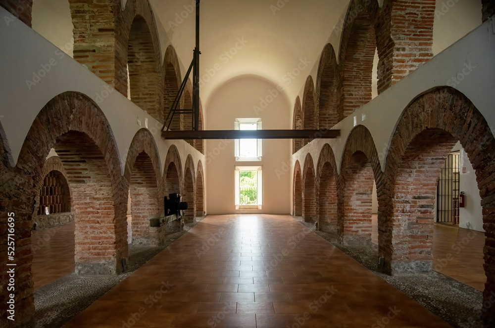 colonial architecture, arches surrounded by vegetation, play of light and shadows inside the space, natural materials