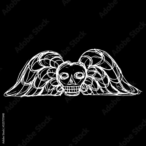 Winged skull. Medieval death symbol. Hand drawn linear doodle rough sketch. White silhouette on black background.