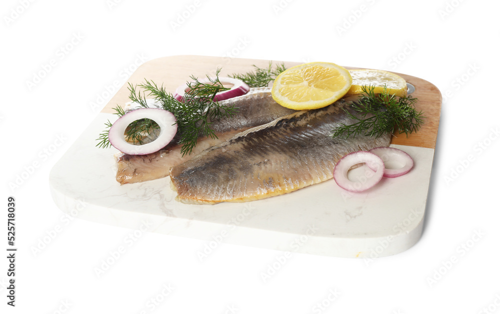 Board with delicious salted herring fillets, onion rings, dill and lemon isolated on white Board with delicious salted herring fillets, onion rings, dill and lemon isolated on white
