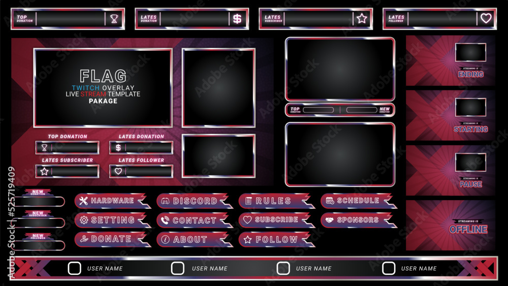 twitch Stream Facecam OBS Template Red X overlay design Pack . modern template illustration vector