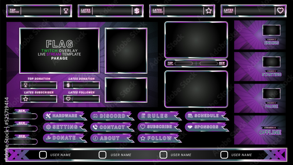 twitch Stream Facecam OBS Template Purple X overlay design Pack . modern template illustration vector