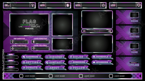 twitch Stream Facecam OBS Template Purple X overlay design Pack . modern template illustration vector