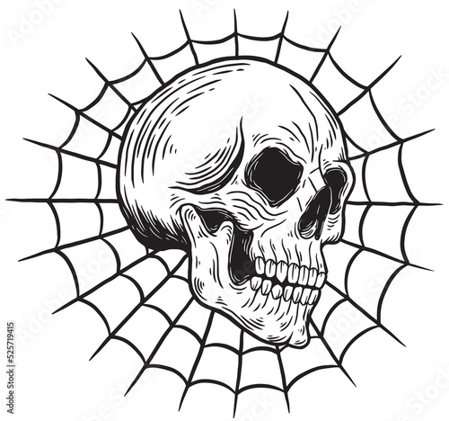 Skull Spider Bones Head Hand drawn Hatching Outline Style Mystical Celestial Symbol Tattoo