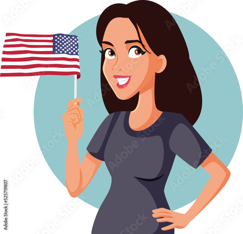 Happy Woman Waving the United States Flag Vector Cartoon Illustration. Patriotic citizen waving national flag on 4th of July
