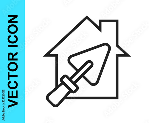 Black line House or home with trowel icon isolated on white background. Adjusting, service, setting, maintenance, repair, fixing. Vector