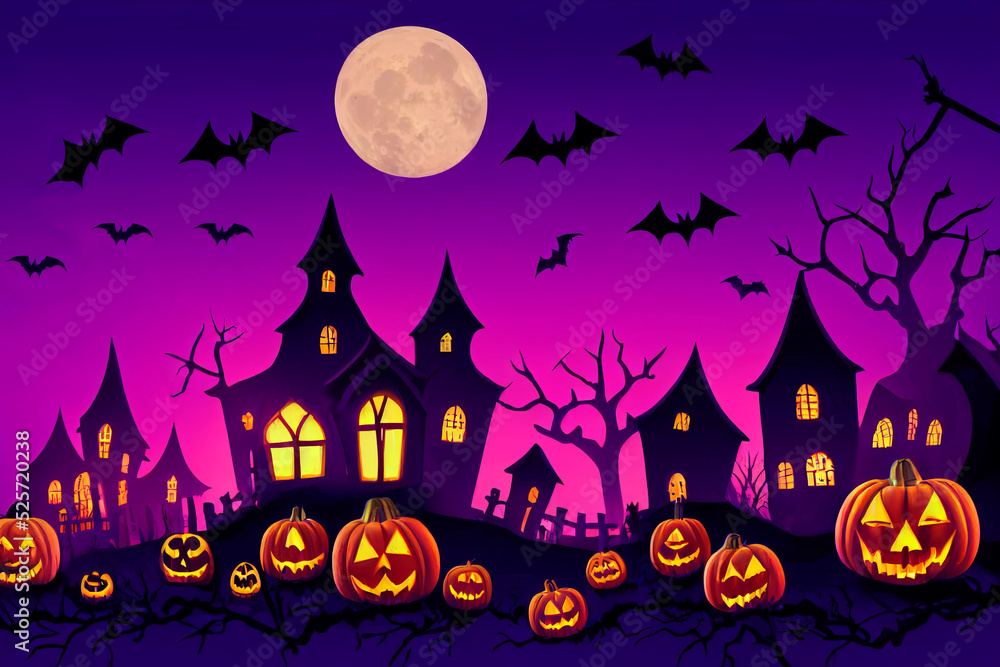 Halloween scary background. Spooky  haunted house at night. Cartoon illustration. Horror moon. Gothic panorama 