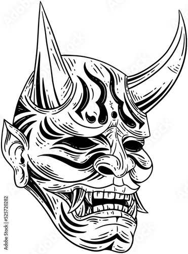 Skull Dark Art Japanese Mask Devil Demon Hand Drawn Engraving Style