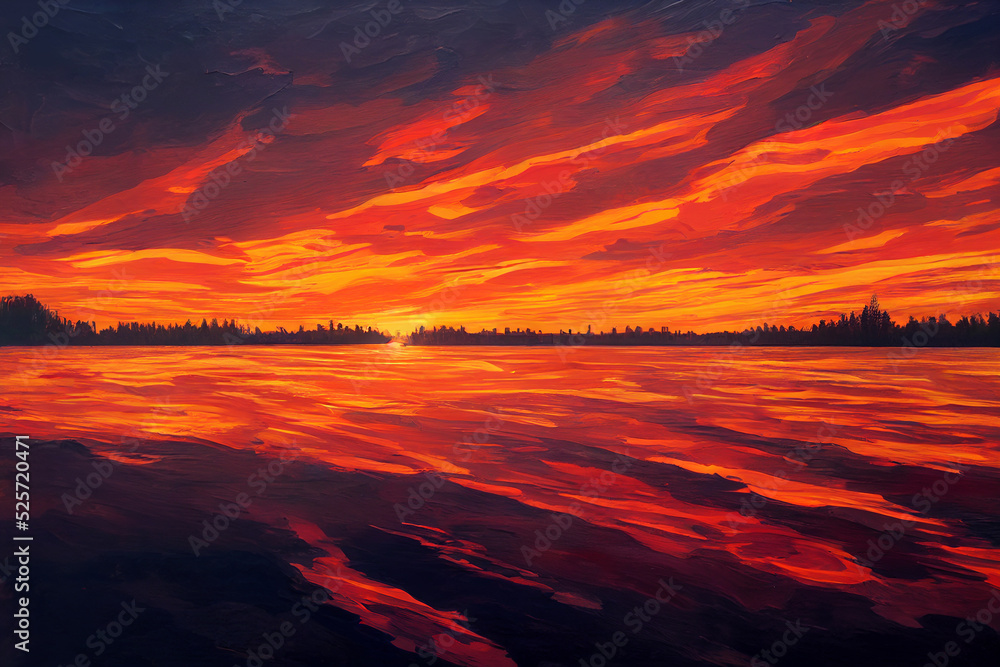Fantastic Epic Magical Sunset. Forest landscape. Summer nature.  Gaming assets. Celtic Medieval RPG background. Summer see and lake. Beautiful sky and clouds.	