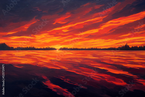 Fantastic Epic Magical Sunset. Forest landscape. Summer nature.  Gaming assets. Celtic Medieval RPG background. Summer see and lake. Beautiful sky and clouds. 