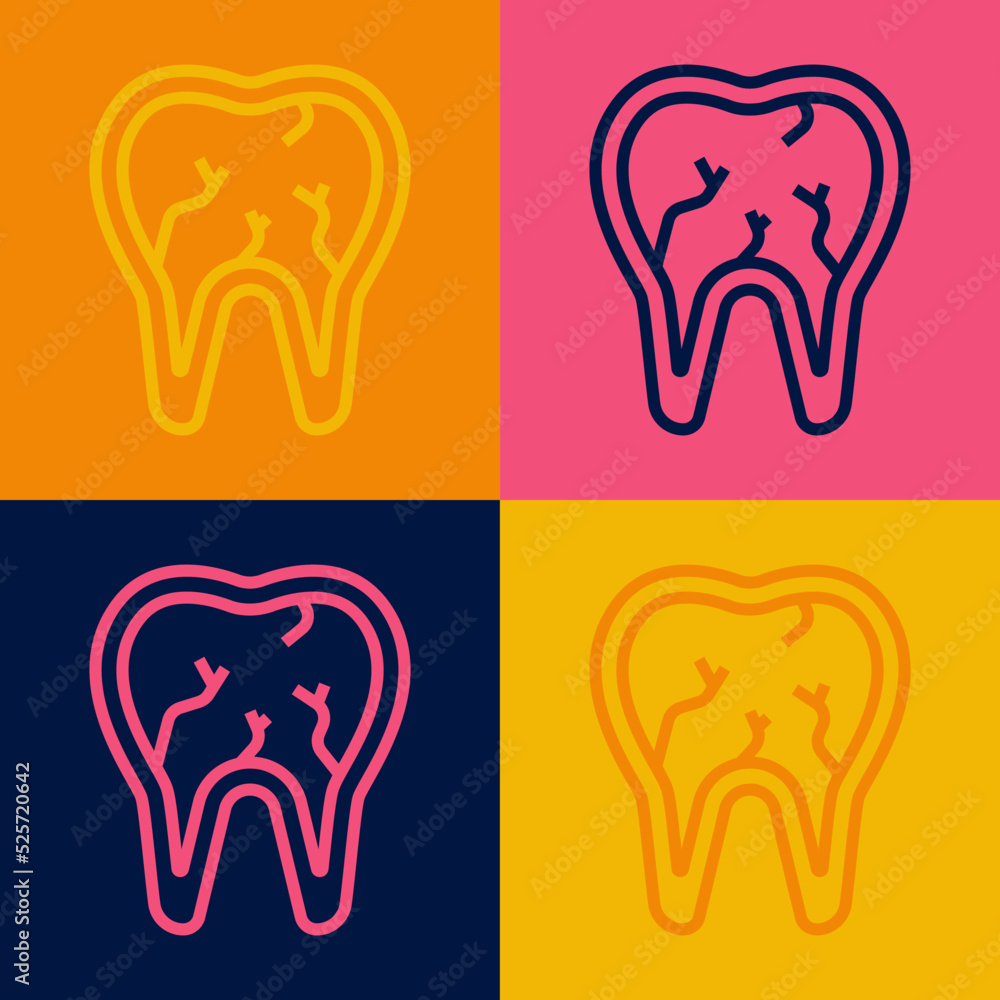 Pop art line Broken tooth icon isolated on color background. Dental problem icon. Dental care symbol. Vector Pop art line Broken tooth icon isolated on color background. Dental problem icon. Dental care symbol. Vector