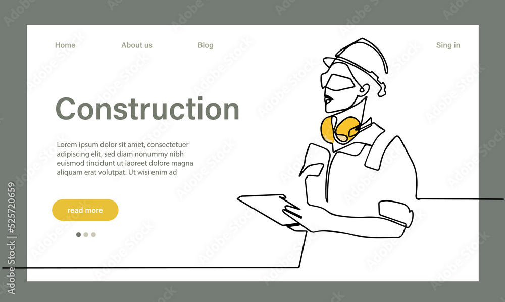 Vector landing page of architecture works with protective face masks for safety in machine industrial factory. Continuous one line drawing for your minimal design Vector landing page of architecture works with protective face masks for safety in machine industrial factory. Continuous one line drawing for your minimal design