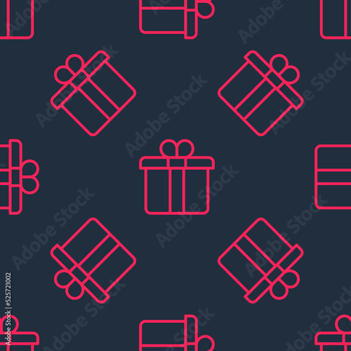 Red line Gift box icon isolated seamless pattern on black background. Merry Christmas and Happy New Year. Vector