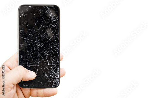 Black mobile phone with broken screen. Cracked smartphone in hand. PNG file with transparent background
