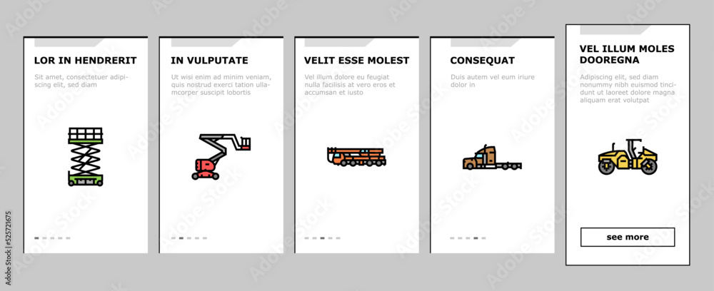 construction car vehicle tractor onboarding icons set vector