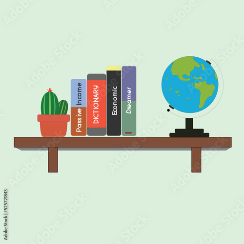 The wall shelf consists of business and financial books, cactus plants and miniature globes