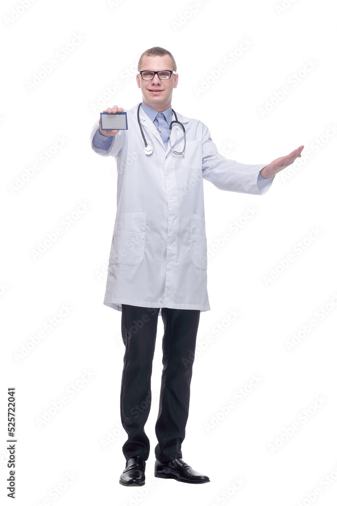 Young smiling doctor holding business blank card Young smiling doctor holding business blank card