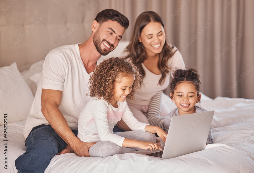 Family, laptop and relax on bed together with kids for bonding time. Caring home, parents and young daughters with happy relationship. Smiling couple and children having quality time while relaxing. Family, laptop and relax on bed together with kids for bonding time. Caring home, parents and young daughters with happy relationship. Smiling couple and children having quality time while relaxing.