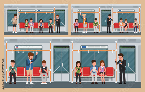 Set Train, Tram and Metro and Crowd of people go by public transport. Side View, City and Industrial Railway Vehicle Modes. Urban Express Train, Isolated Cartoon Vector Illustration.