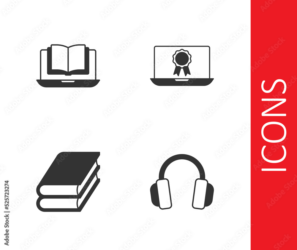 Set Headphones, Online class, Book and education with diploma icon. Vector Set Headphones, Online class, Book and education with diploma icon. Vector