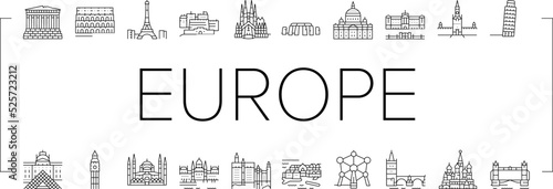 Europe Monument Construction Icons Set Vector