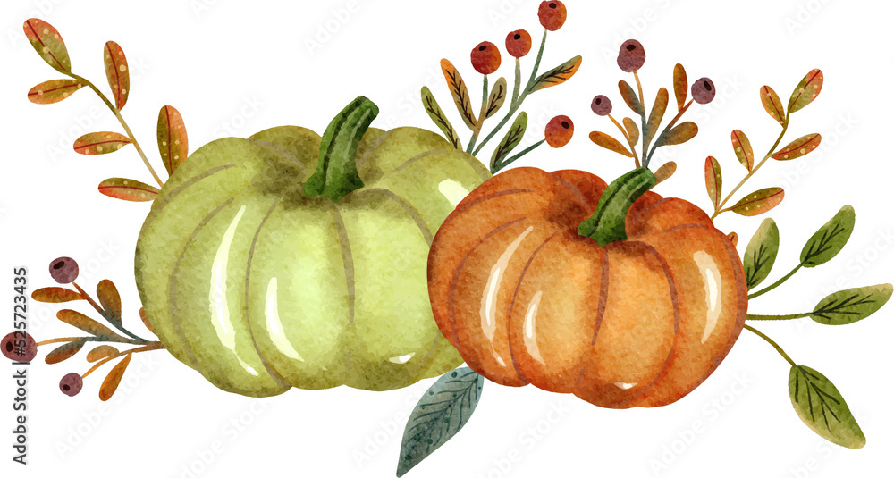 Watercolor Pumpkin Arrangement for Harvest, Autumn, Thanksgiving