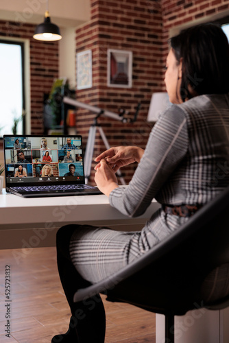 Business people attending videocall conference online on laptop with webcam, talking on remote teleconference call. Using virtual videoconference meeting on web app, telecommunications.