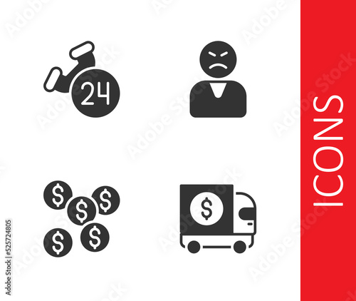 Set Armored truck, Telephone 24 hours support, Dollar symbol and Angry customer icon. Vector