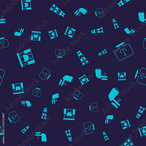 Set Campfire and pot, Fishing hook, Fisherman pants and Outboard boat motor on seamless pattern. Vector