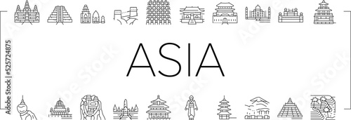 Asia Building And Land Scape Icons Set Vector photo