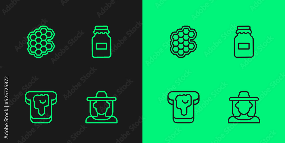 Set line Beekeeper with protect hat, Bread honey, Honeycomb and Jar of icon. Vector Set line Beekeeper with protect hat, Bread honey, Honeycomb and Jar of icon. Vector