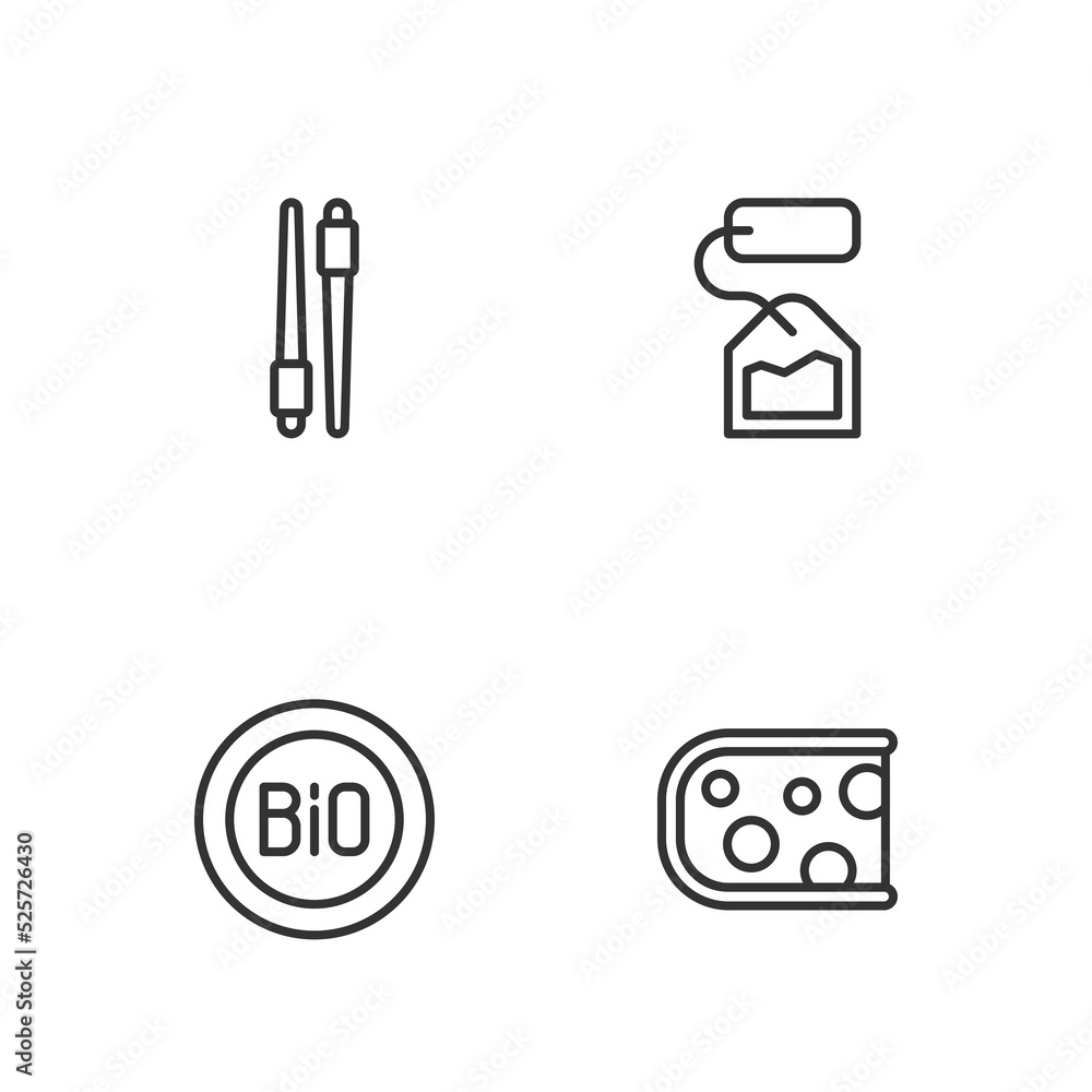 Set line Cheese, Banner for bio, Food chopsticks and Tea bag icon. Vector Set line Cheese, Banner for bio, Food chopsticks and Tea bag icon. Vector