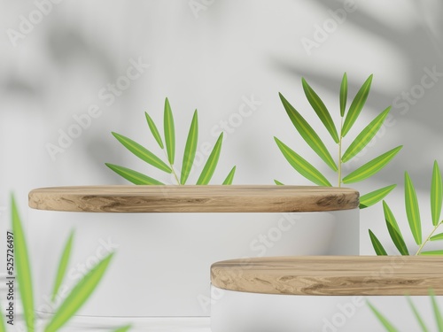 Premium podium display with leaf shadow  Cosmetics or beauty product promotion mockup. Natural stone step pedestal. Trendy minimalist banner  3D render illustration.