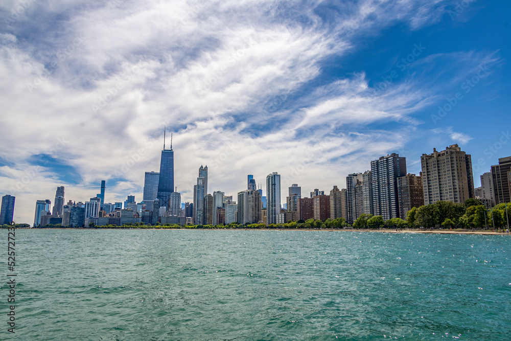 Skyline view of Chicago across the water of Lake Michigan