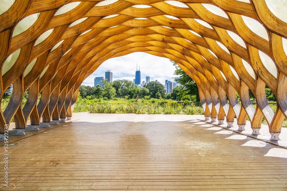 Fototapeta premium View of Chicago through a honeycomb pavilion