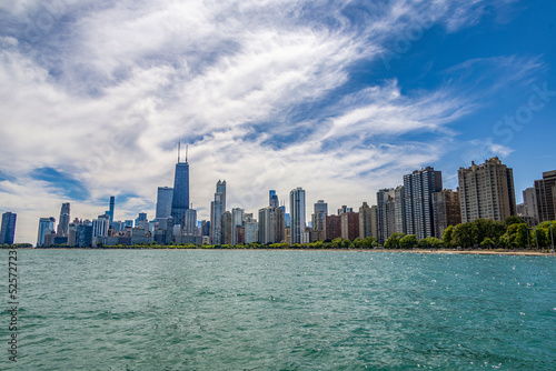 Skyline view of Chicago across the water of Lake Michigan